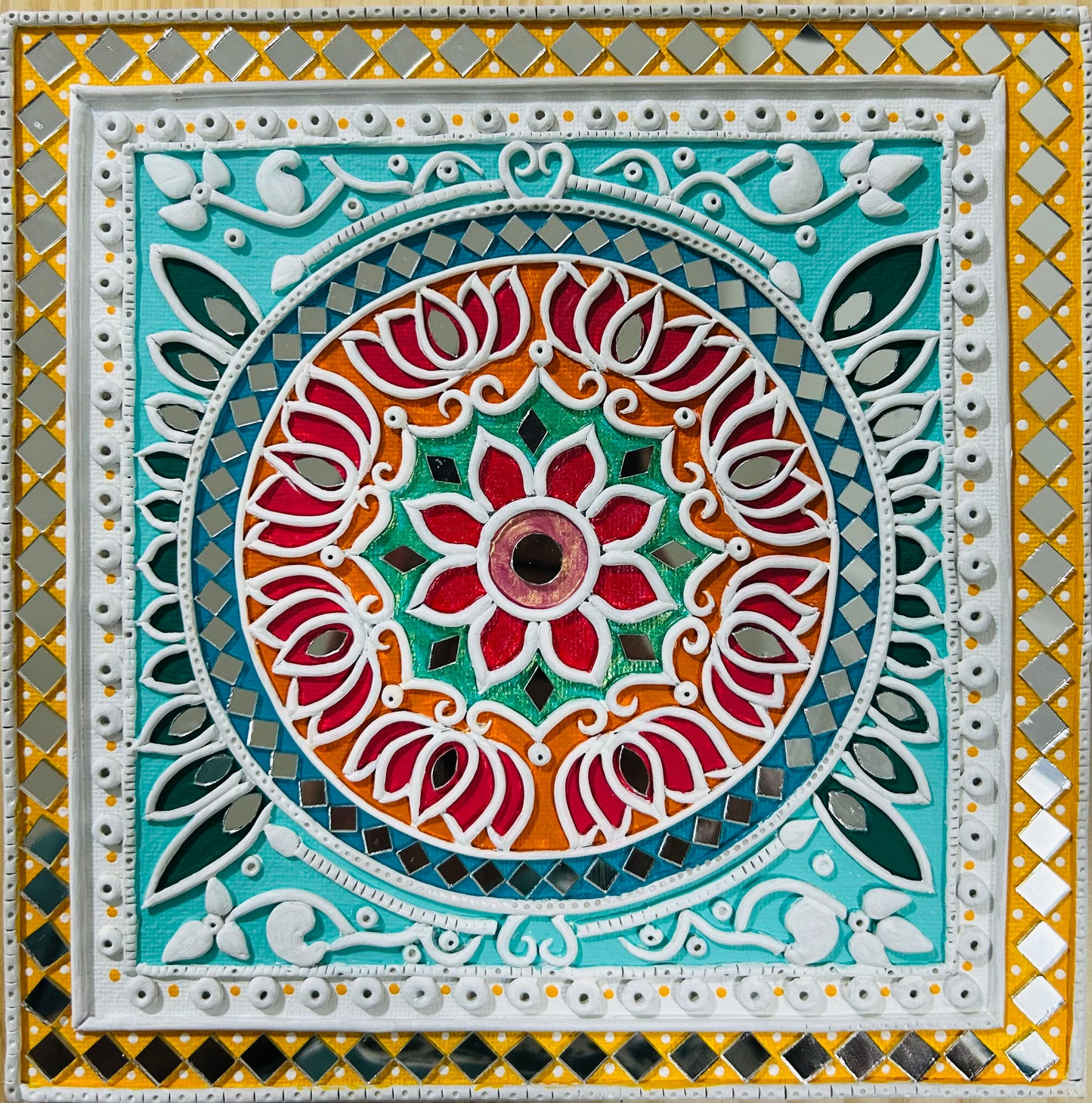 Shringara: The Dance of Colors – Handmade Lippan Art (8x8”) - Dots & Clay